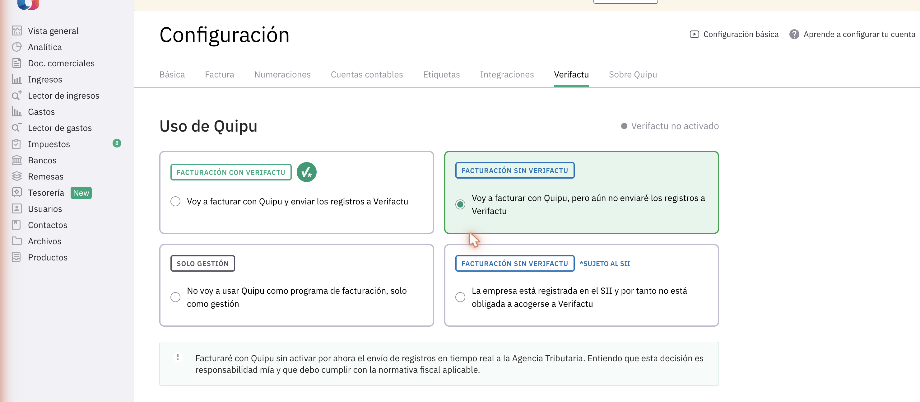 Configuración de Verifactu en Quipu, con la opción de facturar enviando los registros a la AEAT o sin enviarlos todavía